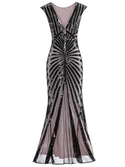 Clearance Retro Stage 1920s Sequin Art Deco Maxi Dress Black
