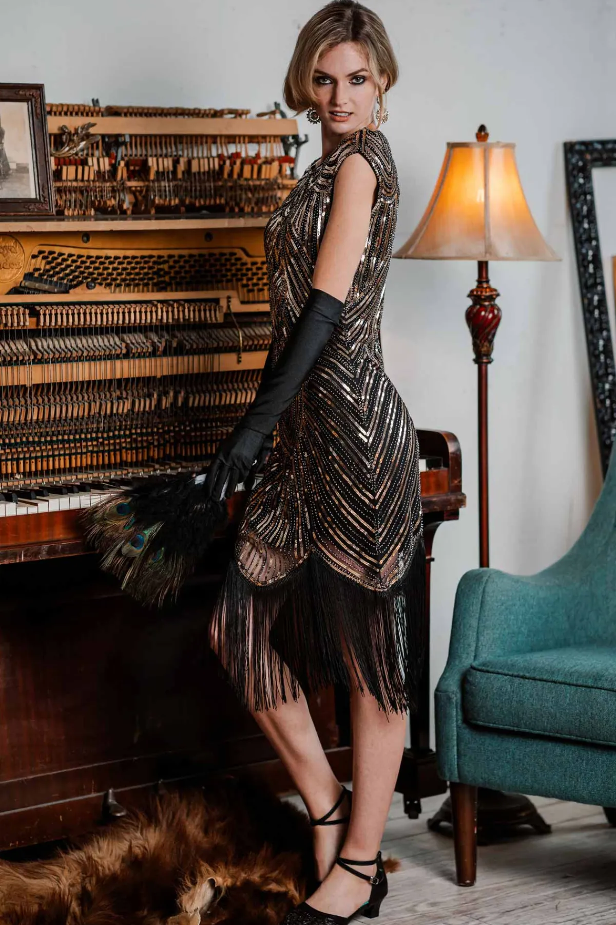 Discount Retro Stage 1920s Sequin Beaded Fringed Dress