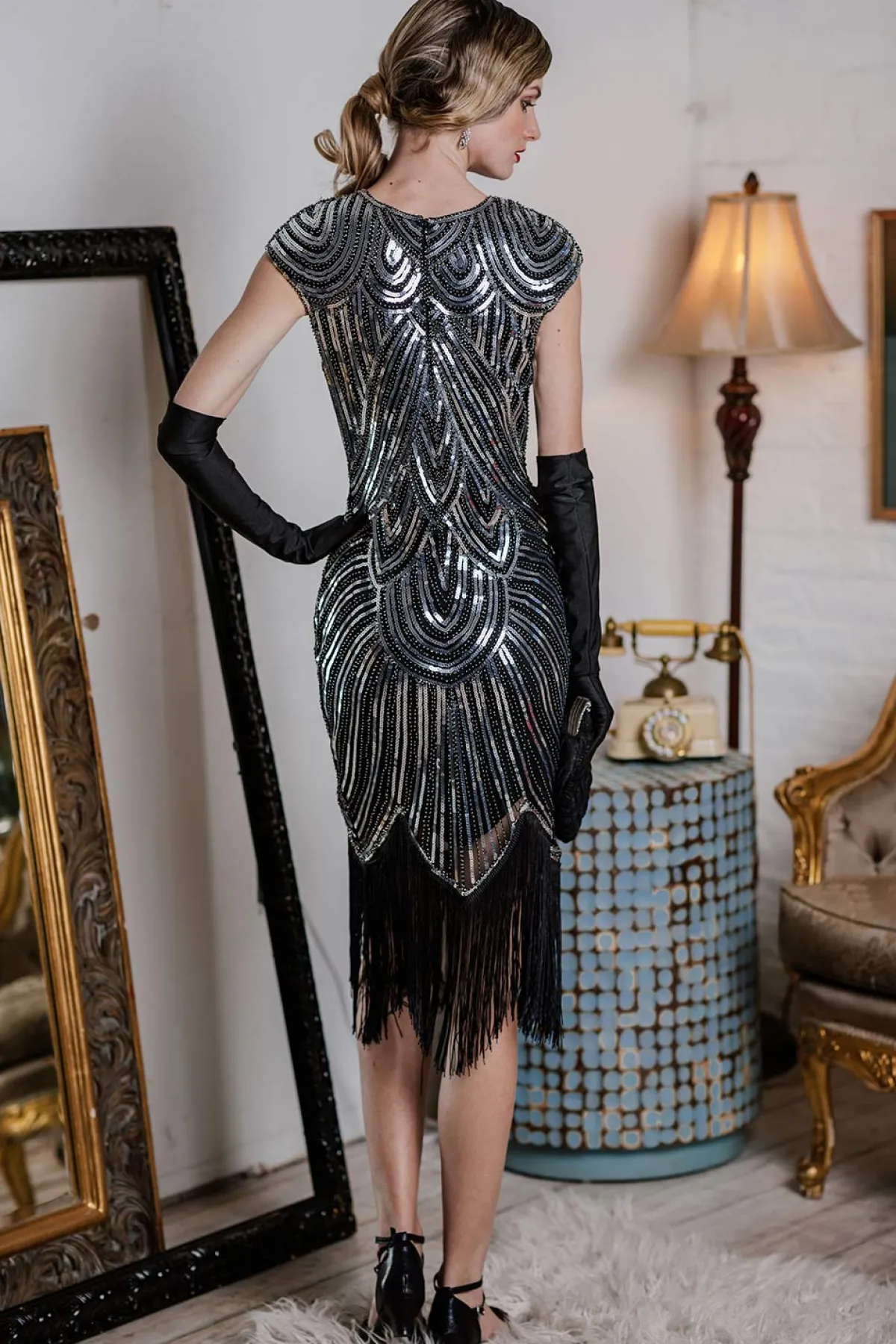 Discount Retro Stage 1920s Sequin Beaded Fringed Dress