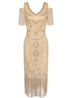 Clearance Retro Stage 1920s Sequin Beaded Tassel Gastby Dress