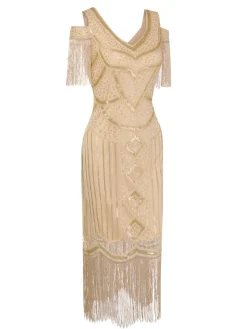 Clearance Retro Stage 1920s Sequin Beaded Tassel Gastby Dress
