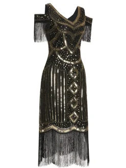 Clearance Retro Stage 1920s Sequin Beaded Tassel Gastby Dress