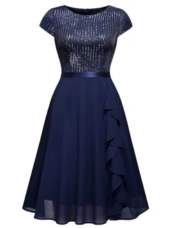 Sale Retro Stage 1940s Sequin Chiffon Ruffle Trim Swing Dress