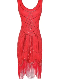 Fashion Retro Stage 1920s Sequin Fringed Flapper Dresses Red