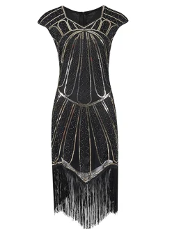 Sale Retro Stage 1920s Sequin Fringed Gatsby Dress Gold