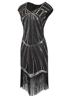 Sale Retro Stage 1920s Sequin Fringed Gatsby Dress Gold