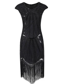 Outlet Retro Stage 1920s Sequin Fringed Gatsby Dress Black