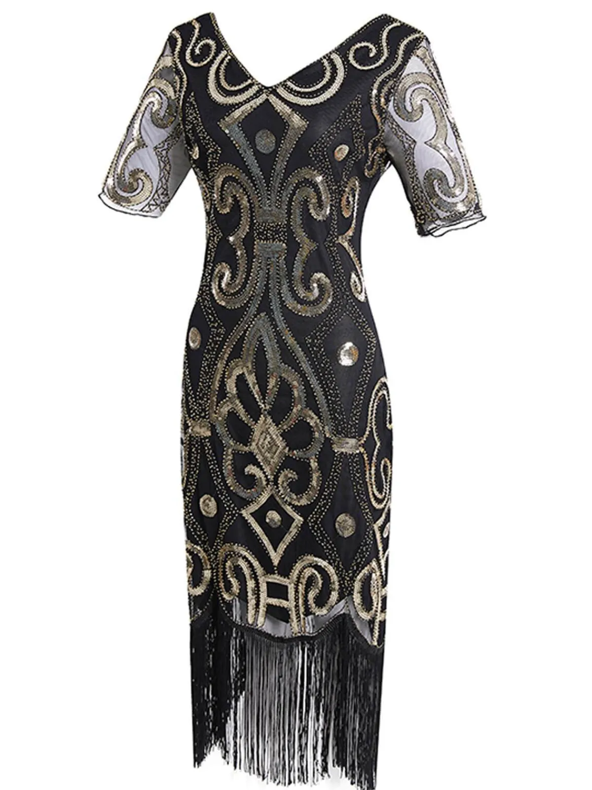 Fashion Retro Stage 1920s Sequin Fringed Gatsby Dress Gold