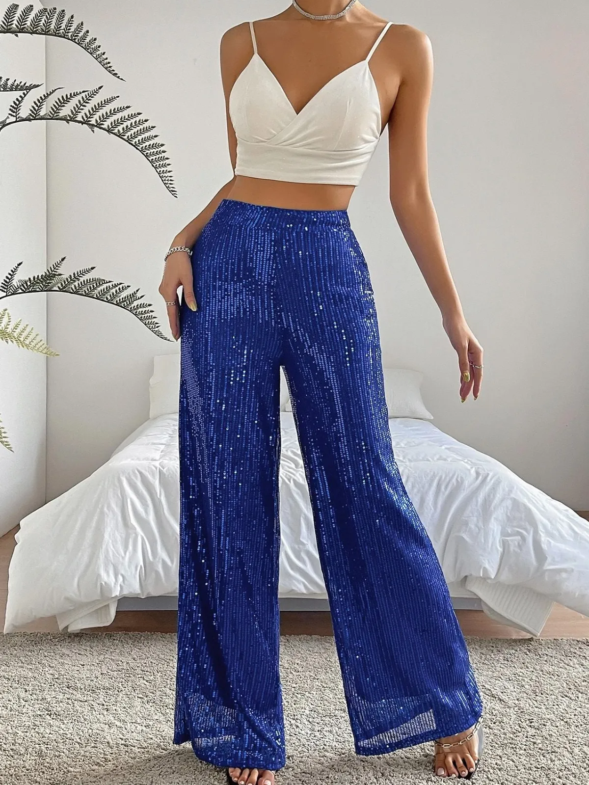 Outlet Retro Stage 1970s Sequin Loose Flowy Wide-Leg Pants