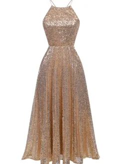 Best Retro Stage 1920s Sequined Backless Halter Dress Skin Color