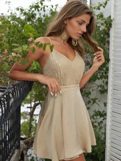 Fashion Retro Stage 1980s Sequined Backless V-Neck Halter Dress