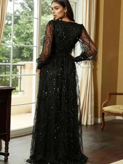 Hot Retro Stage 1920s Sequined Deep V-Neck Side Slit Maxi Dress