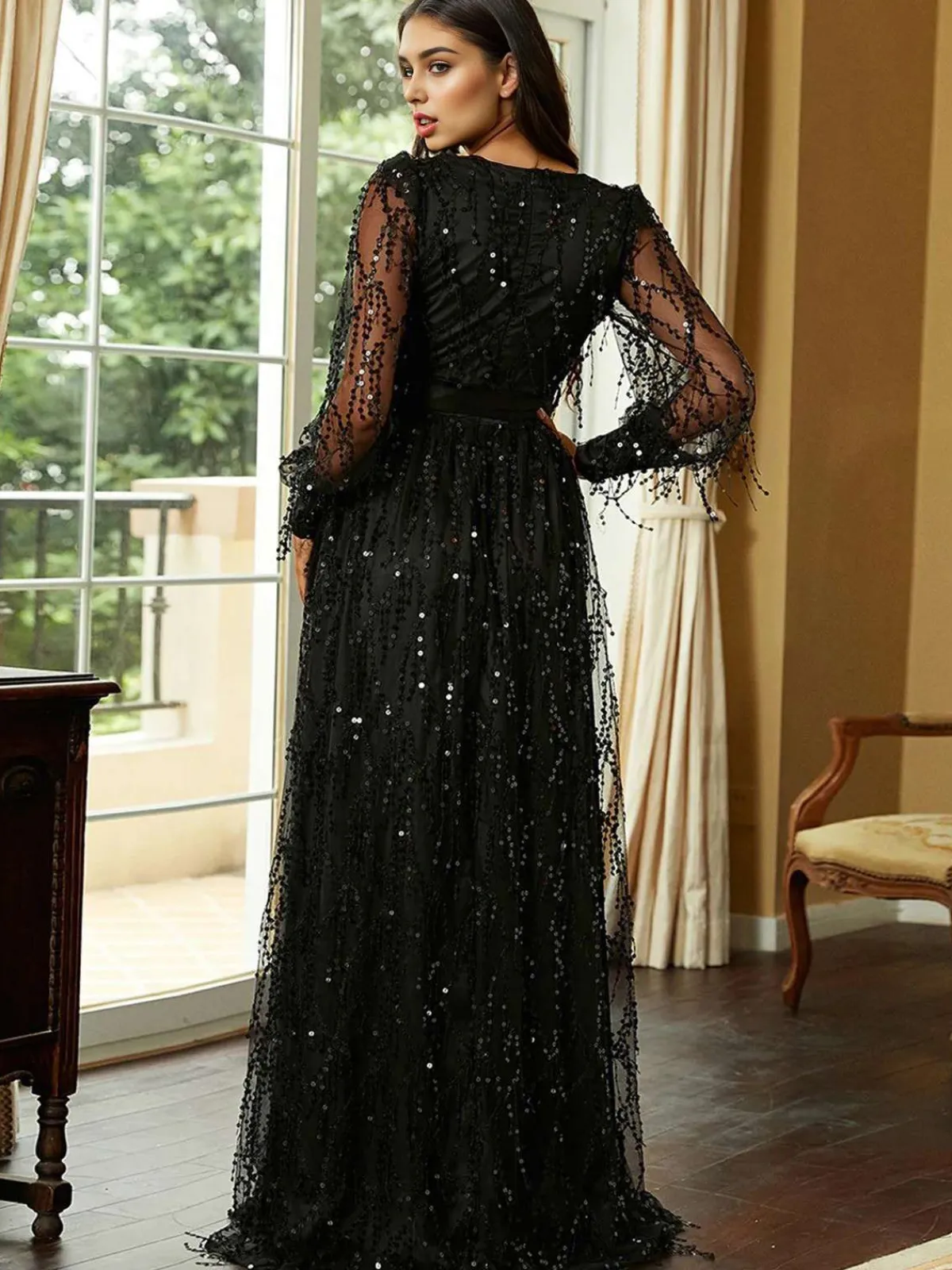 Hot Retro Stage 1920s Sequined Deep V-Neck Side Slit Maxi Dress