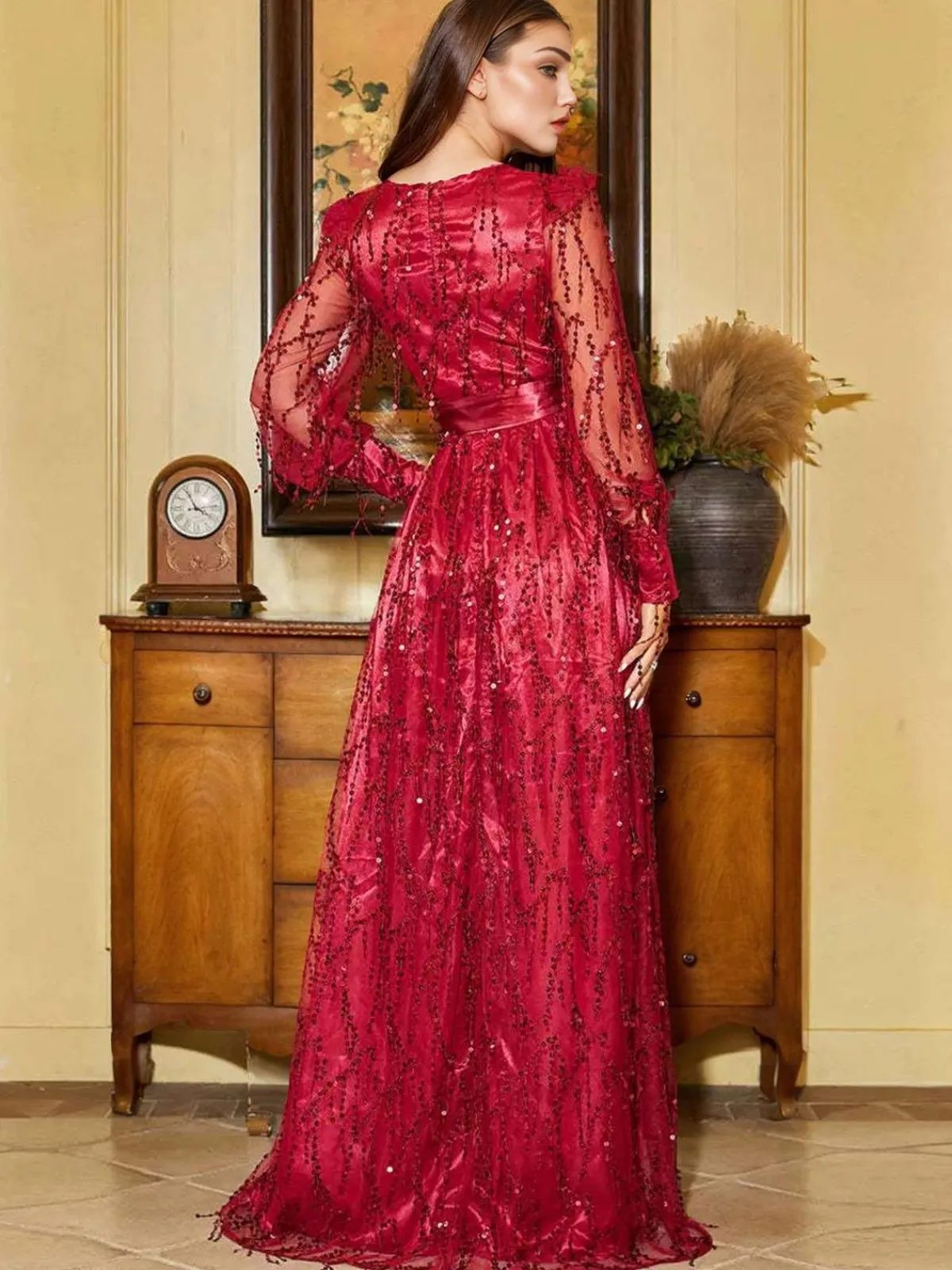 Hot Retro Stage 1920s Sequined Deep V-Neck Side Slit Maxi Dress