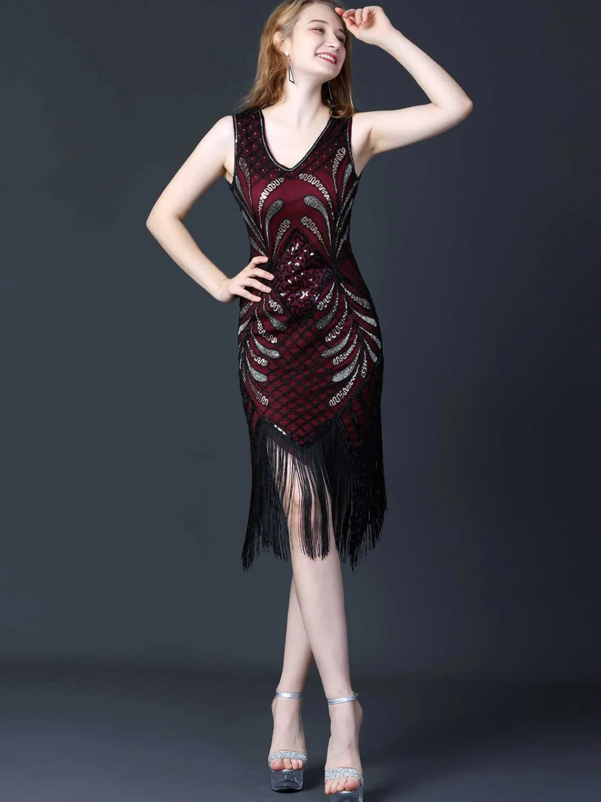 Sale Retro Stage 1920s Sequined Fringe Flapper Sleeveless Dress