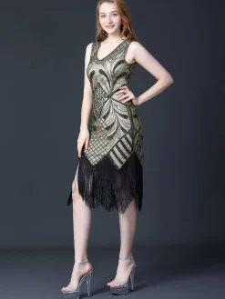 Sale Retro Stage 1920s Sequined Fringe Flapper Sleeveless Dress
