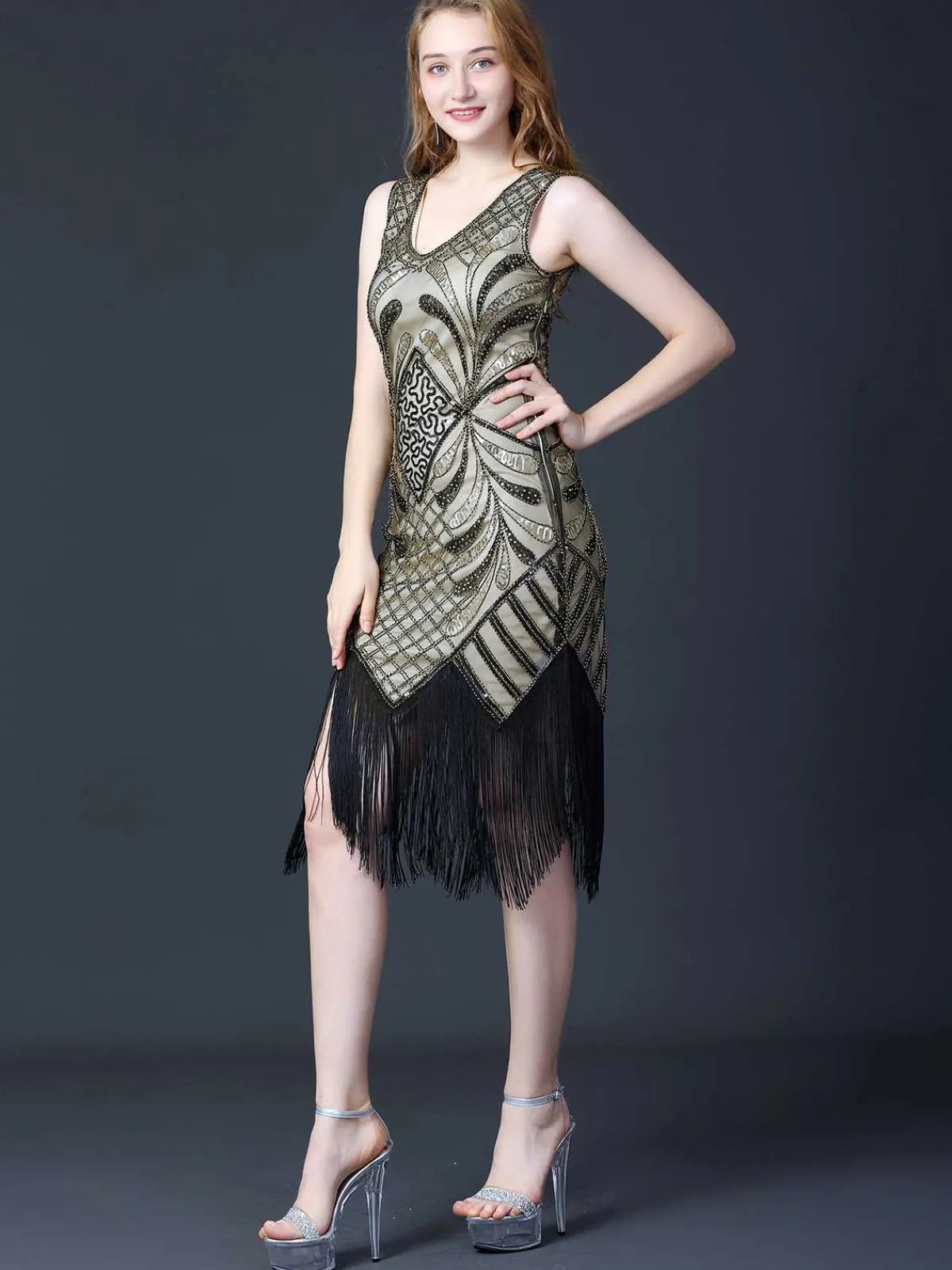 Sale Retro Stage 1920s Sequined Fringe Flapper Sleeveless Dress