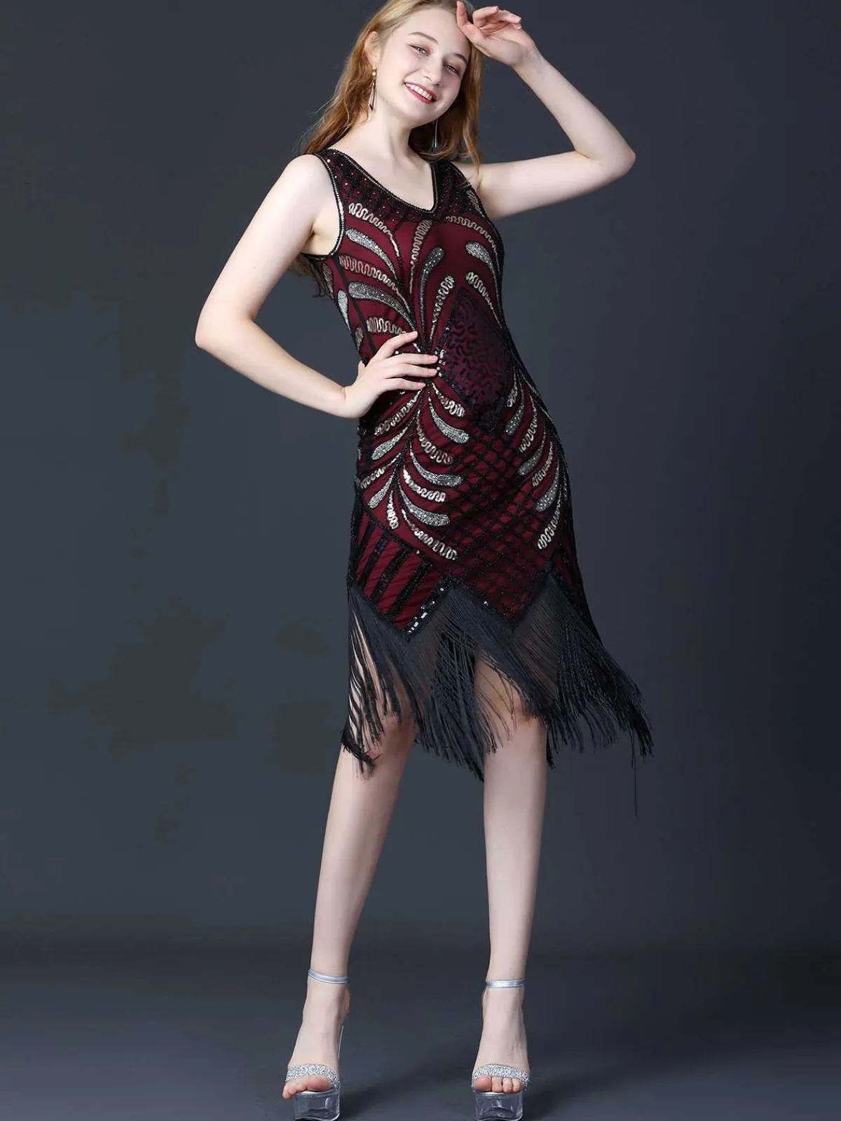 Sale Retro Stage 1920s Sequined Fringe Flapper Sleeveless Dress