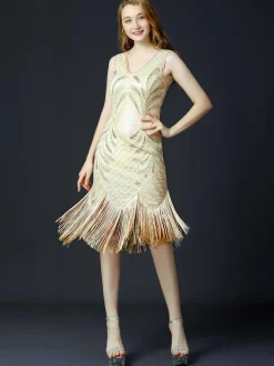 Sale Retro Stage 1920s Sequined Fringe Flapper Sleeveless Dress