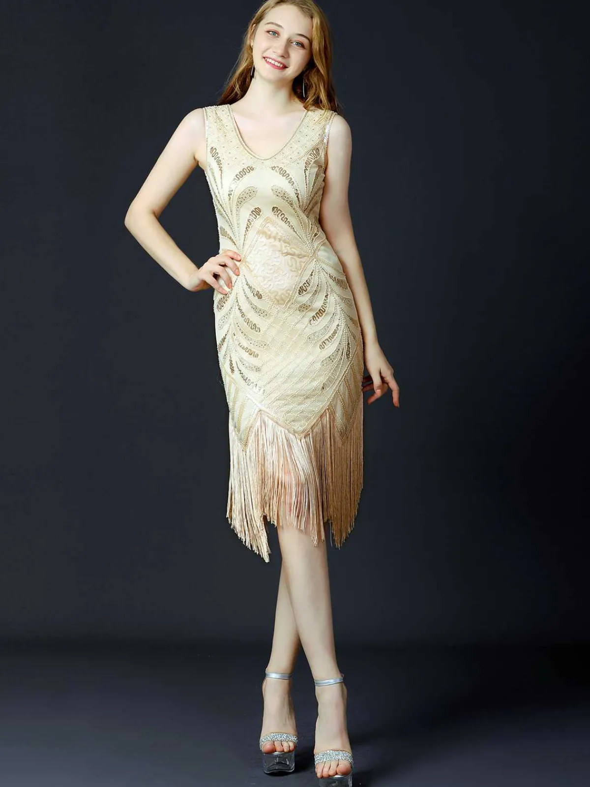 Sale Retro Stage 1920s Sequined Fringe Flapper Sleeveless Dress