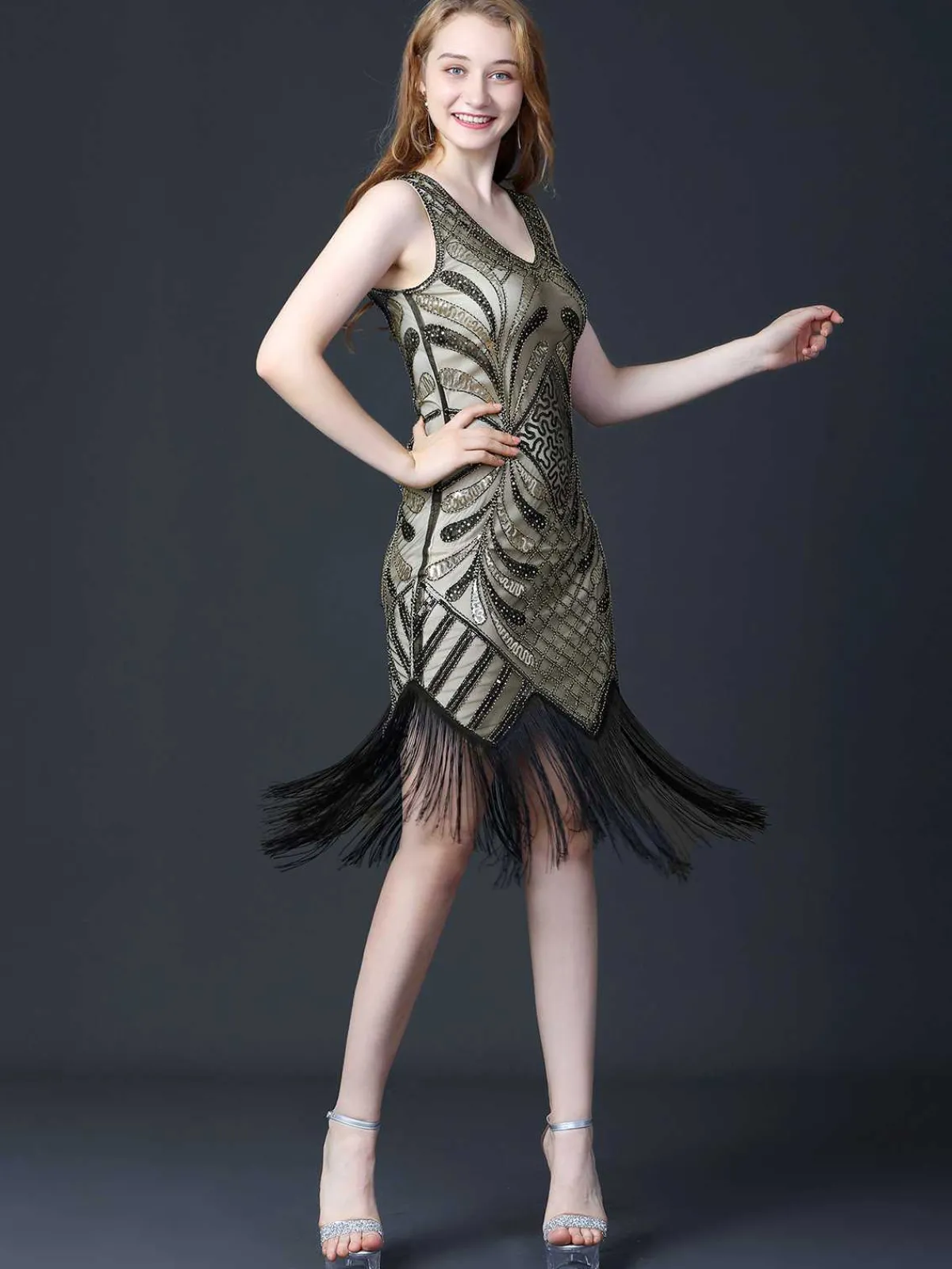 Sale Retro Stage 1920s Sequined Fringe Flapper Sleeveless Dress