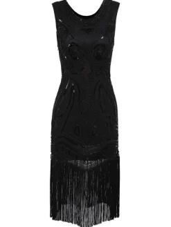 Discount Retro Stage 1920s Sequined Fringe Flapper Dress Black