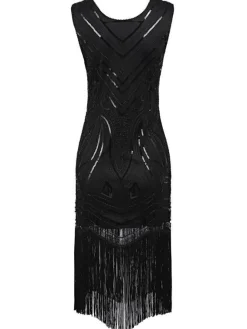Discount Retro Stage 1920s Sequined Fringe Flapper Dress Black