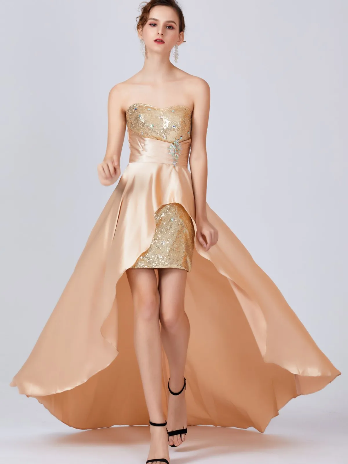 Outlet Retro Stage 1920s Sequined Long Tail Bridesmaid Dress Apricot