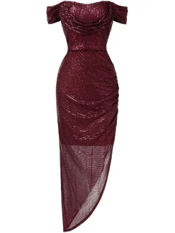 Hot Retro Stage 1920s Sequined Off-Shoulder Solid Dress
