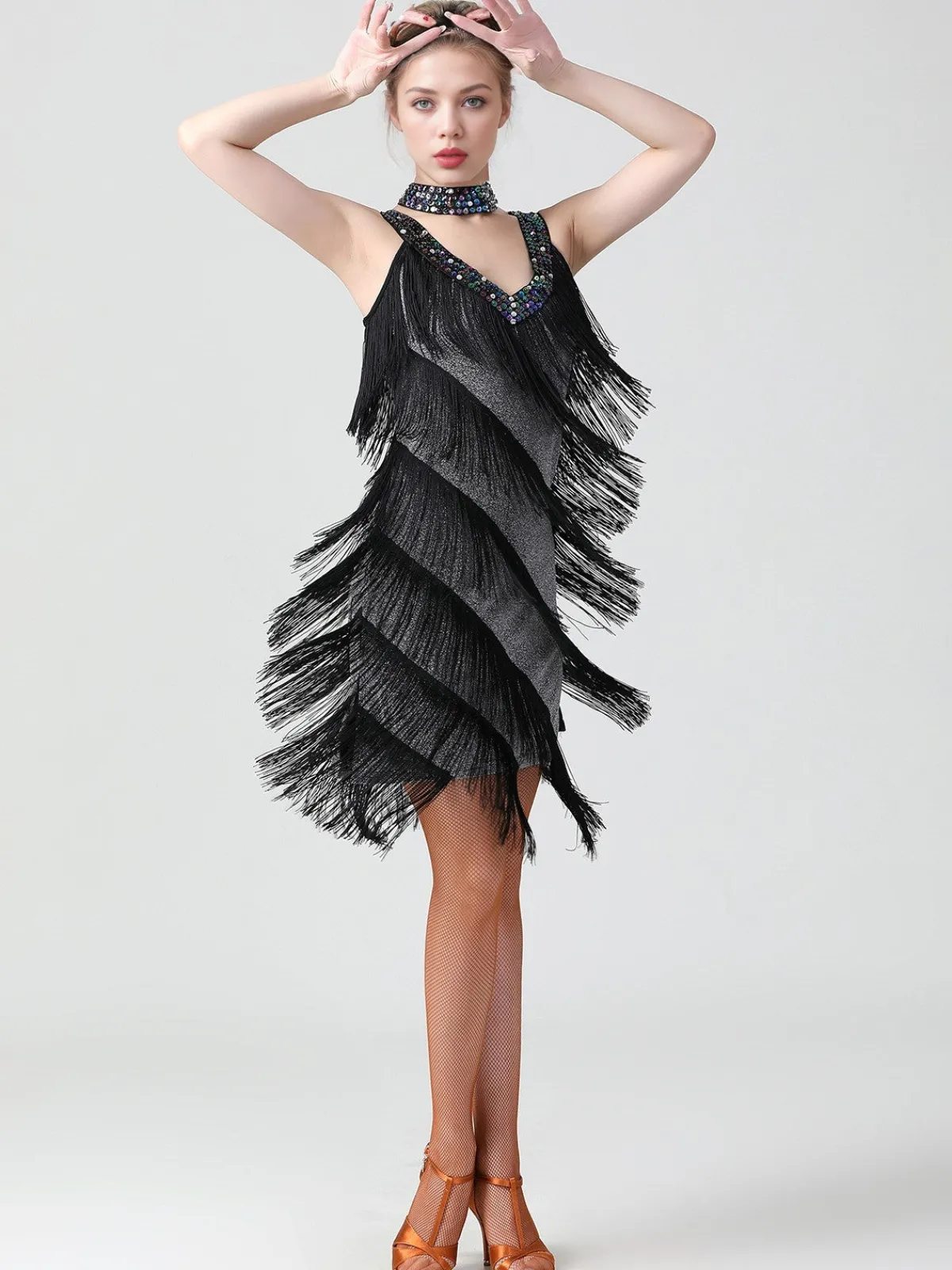 Best Retro Stage 1920s Sequined Sleeveless Fringed Hem Dress