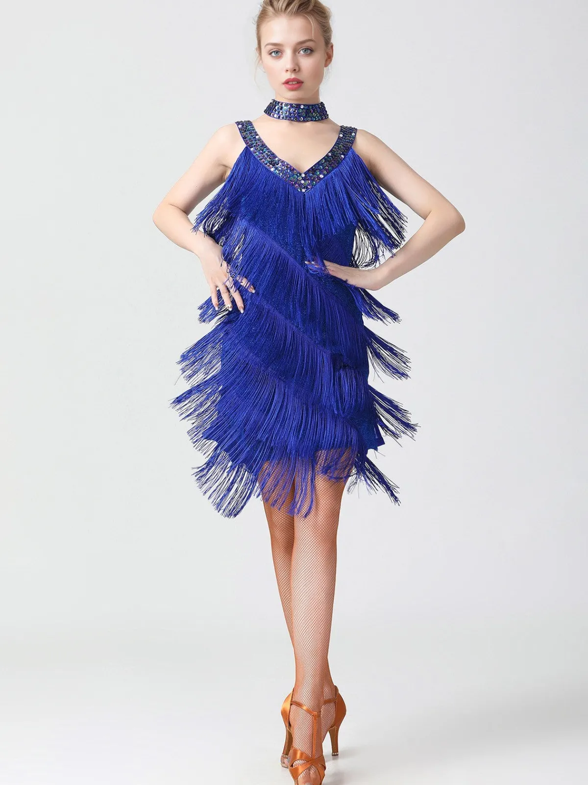 Best Retro Stage 1920s Sequined Sleeveless Fringed Hem Dress