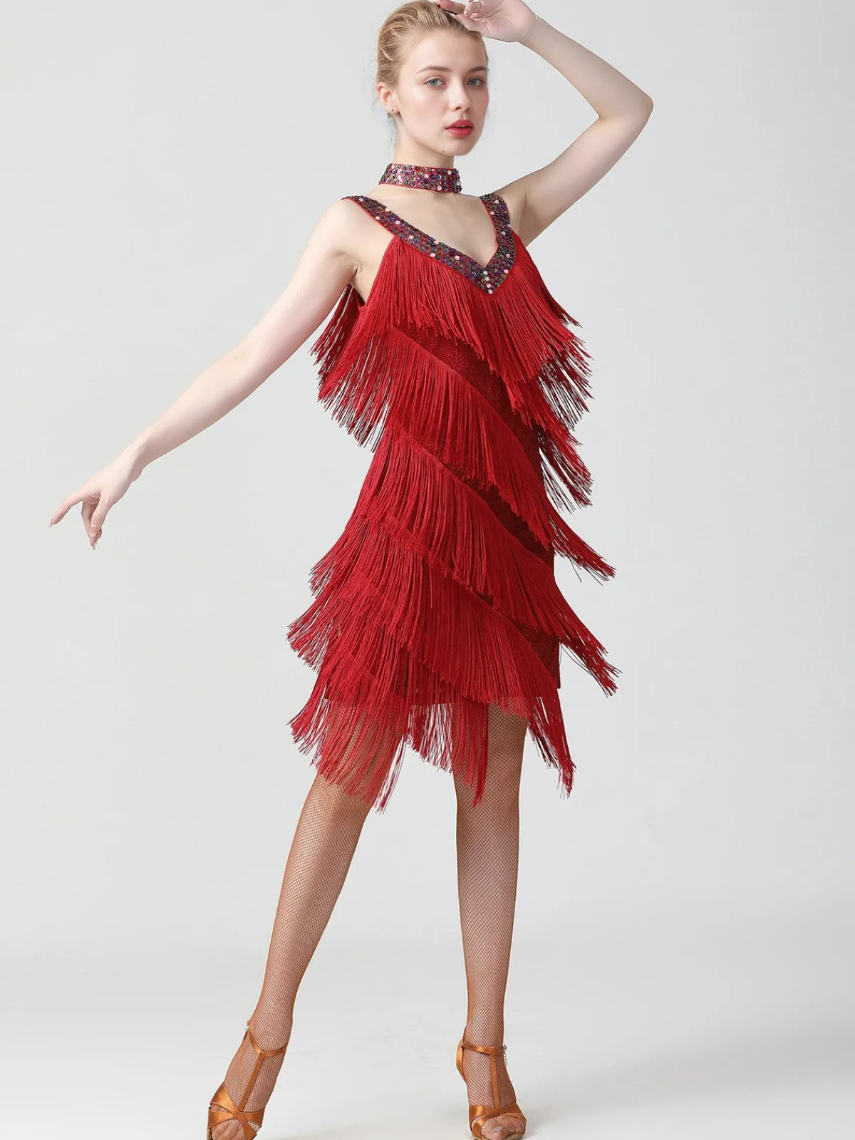 Best Retro Stage 1920s Sequined Sleeveless Fringed Hem Dress