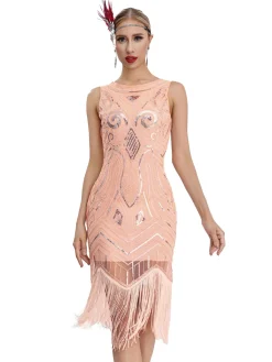 New Retro Stage 1920s Sequined Sleeveless Fringed Hem Dress