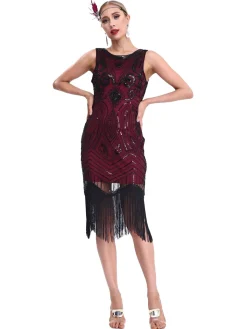 New Retro Stage 1920s Sequined Sleeveless Fringed Hem Dress