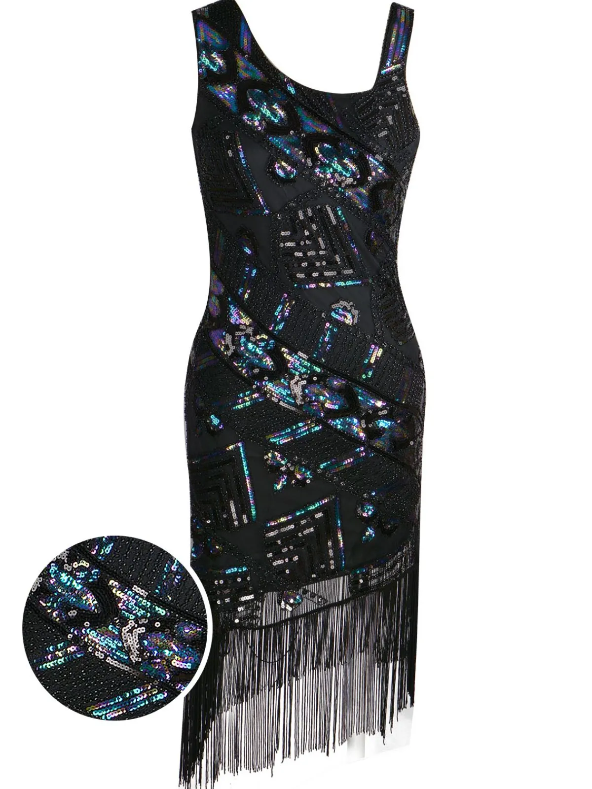 Clearance Retro Stage 1920s Sequined Tassel Asymmetrical Dress Black
