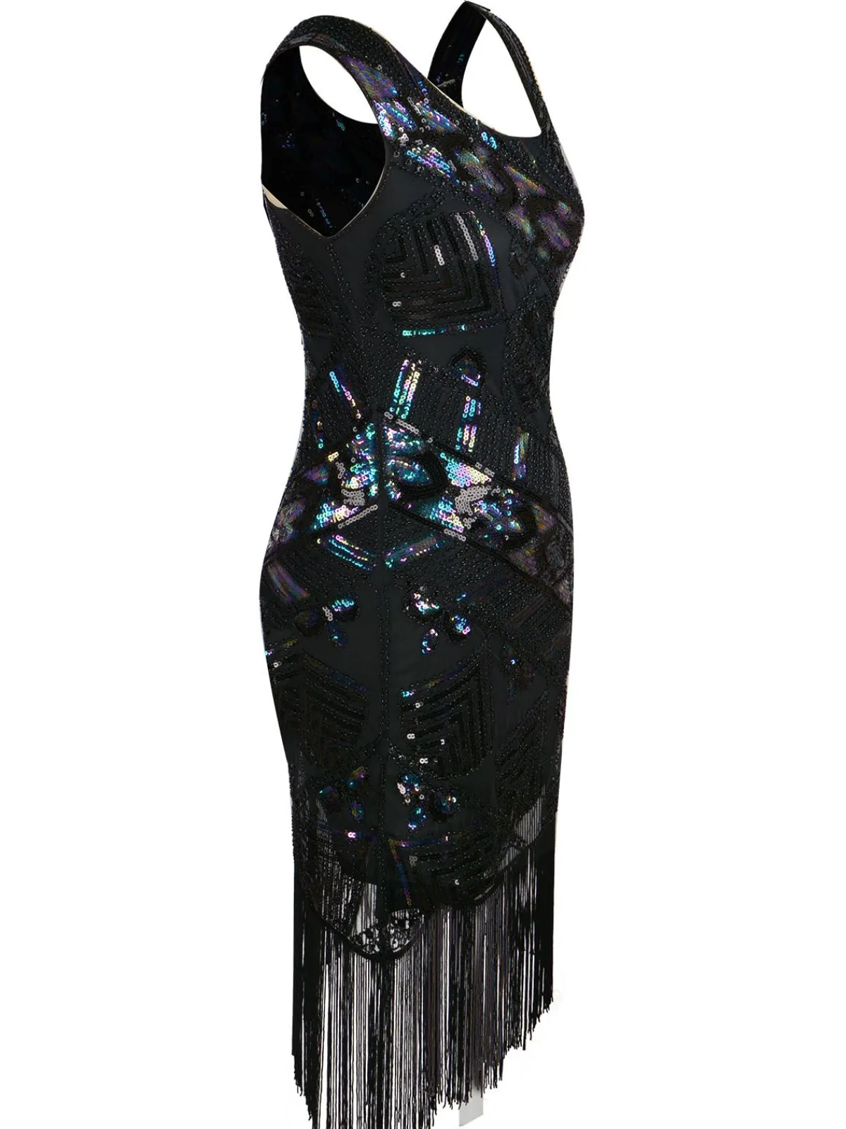 Clearance Retro Stage 1920s Sequined Tassel Asymmetrical Dress Black