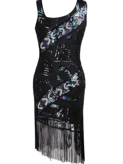 Clearance Retro Stage 1920s Sequined Tassel Asymmetrical Dress Black