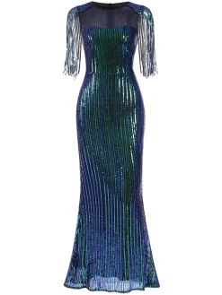 Fashion Retro Stage 1930s Sequined Tassels Mesh Patchwork Dress