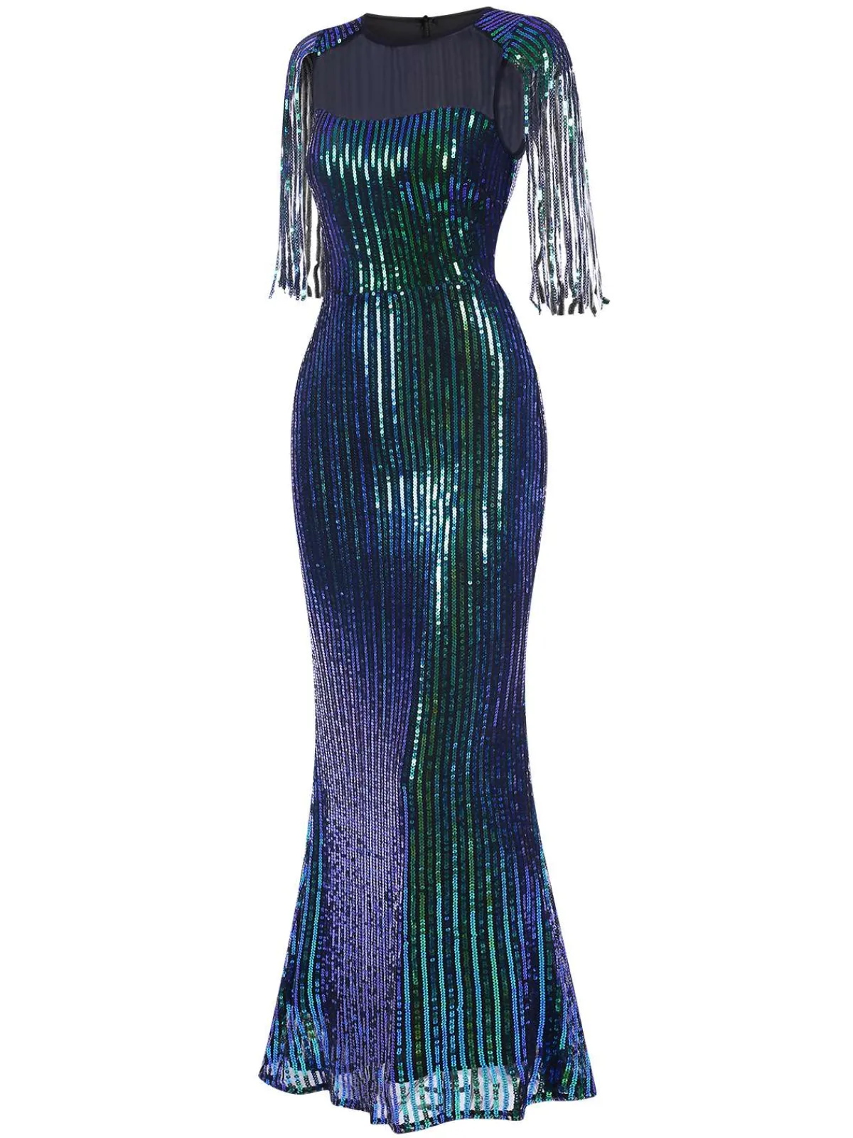 Fashion Retro Stage 1930s Sequined Tassels Mesh Patchwork Dress