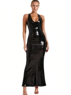 Hot Retro Stage 1930s Sequined V-Neck 3D Flower Dress
