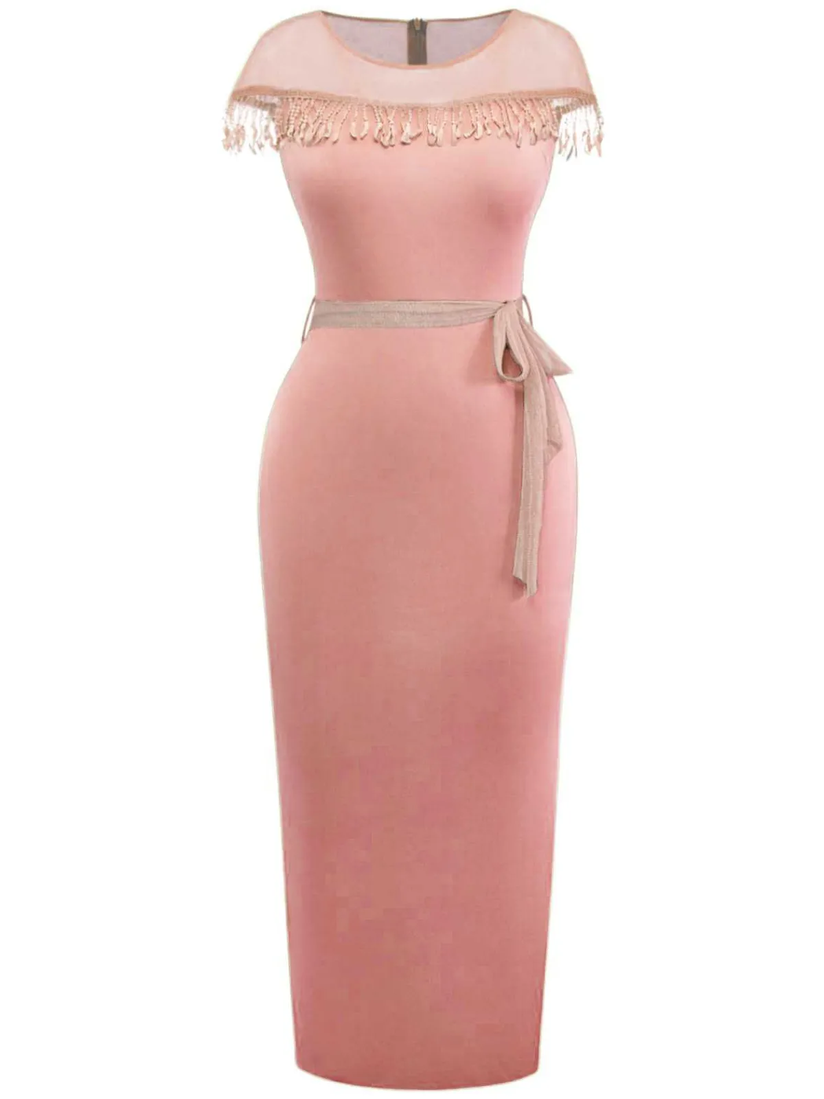 Fashion Retro Stage 1960s Sheer Fringe Belted Bodycon Dress