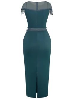 Fashion Retro Stage 1960s Sheer Fringe Belted Bodycon Dress