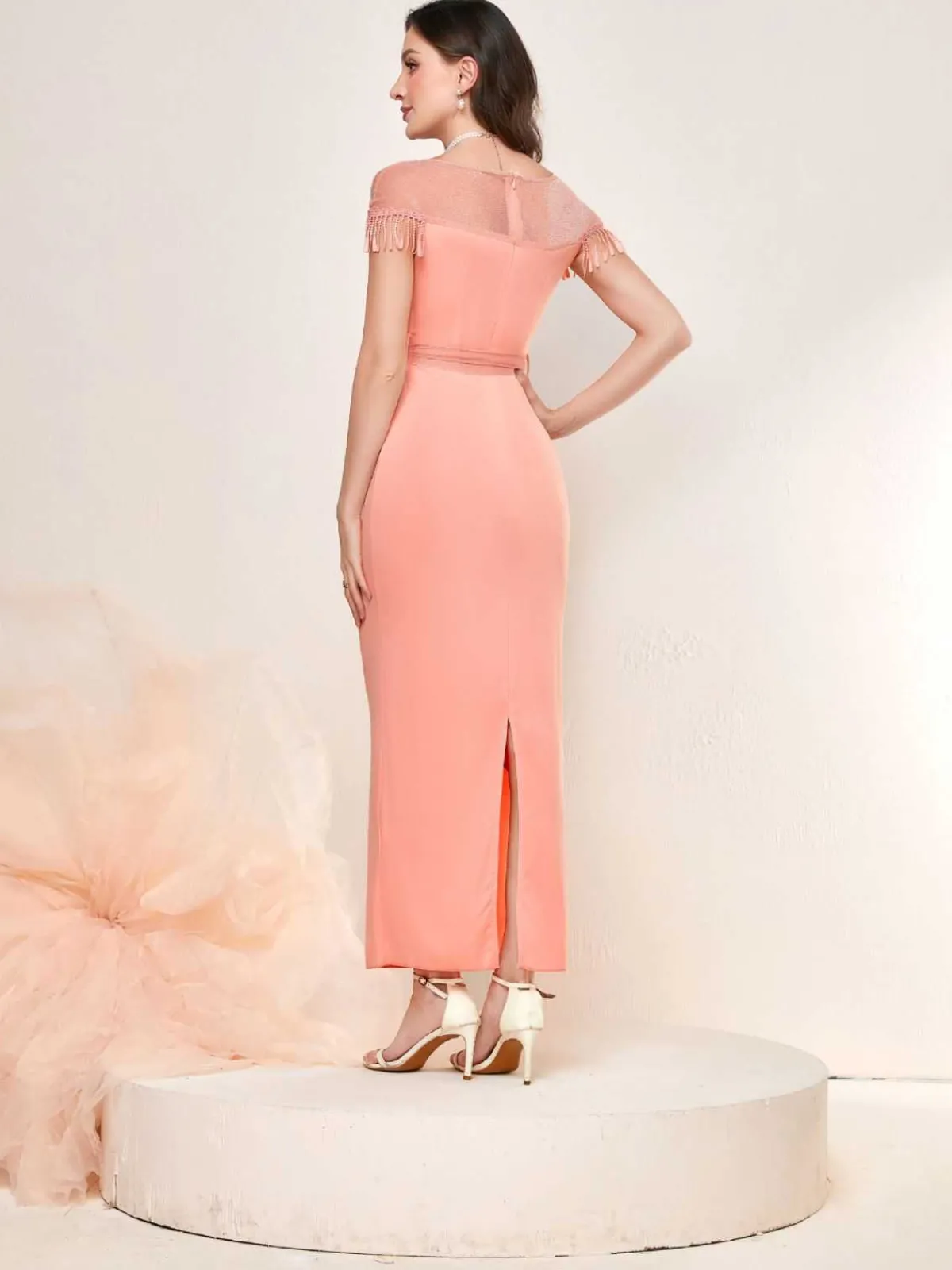Fashion Retro Stage 1960s Sheer Fringe Belted Bodycon Dress