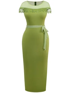 Fashion Retro Stage 1960s Sheer Fringe Belted Bodycon Dress