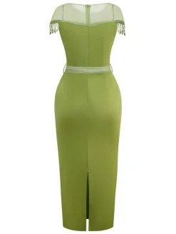 Fashion Retro Stage 1960s Sheer Fringe Belted Bodycon Dress