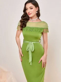 Fashion Retro Stage 1960s Sheer Fringe Belted Bodycon Dress