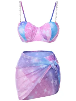 Hot Retro Stage 1970s Shell Pearl Chain Swimsuit & Cover-Up Purple