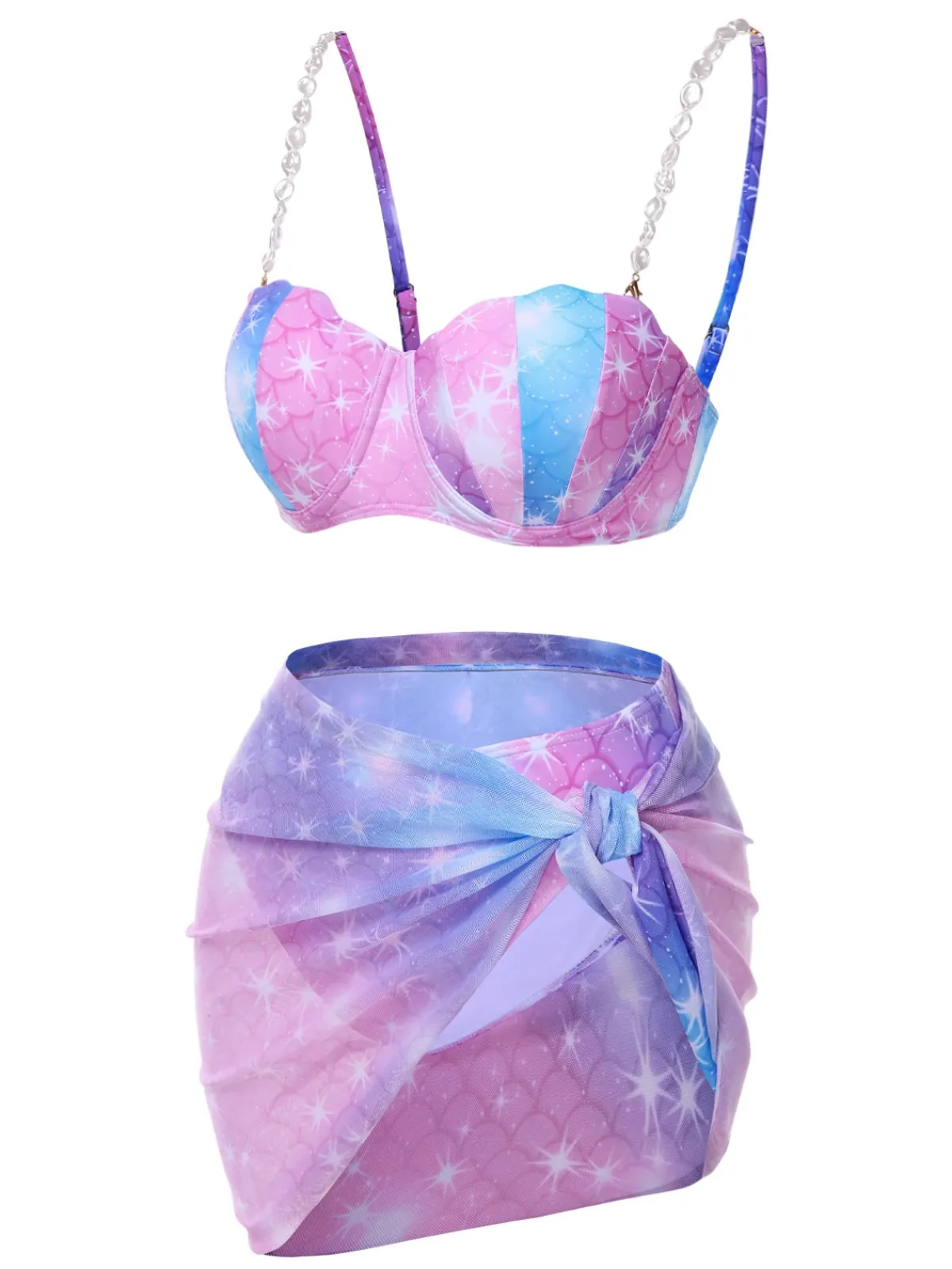 Hot Retro Stage 1970s Shell Pearl Chain Swimsuit & Cover-Up Purple