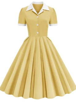 Online Retro Stage 1950s Shirt Collar White Buttons Swing Dress