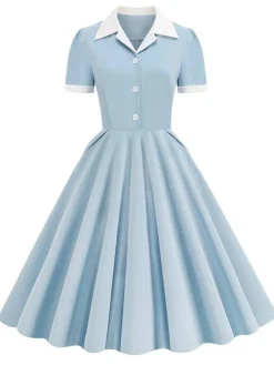 Online Retro Stage 1950s Shirt Collar White Buttons Swing Dress